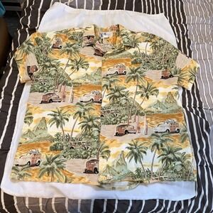 RJC Hawaiian Shirt Men's Short Sleeve Beige Woody Car Palms Beach
